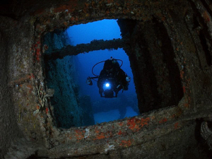 A diver entering the Chikuzen, on of BVI`s best wrecks. by Juan Torres 